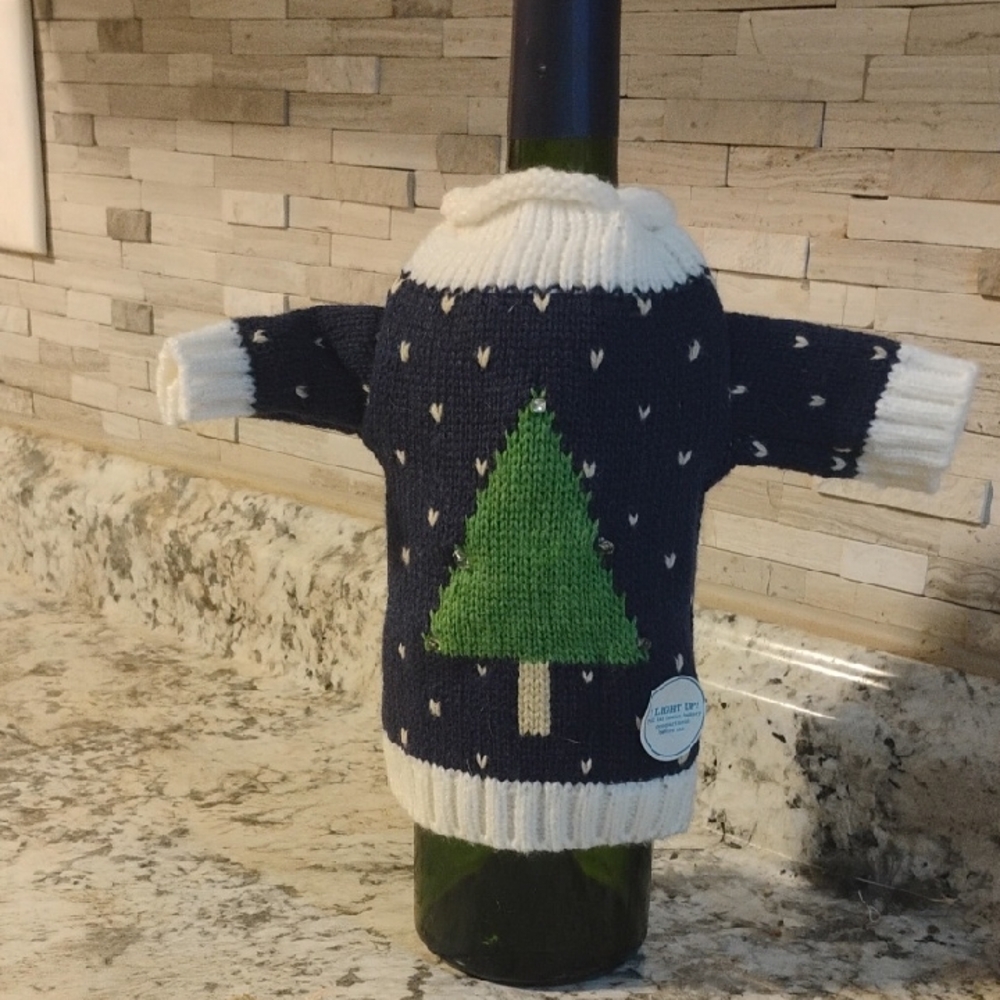 Navy Wine Bottle Sweater with Light Up Christmas Tree.